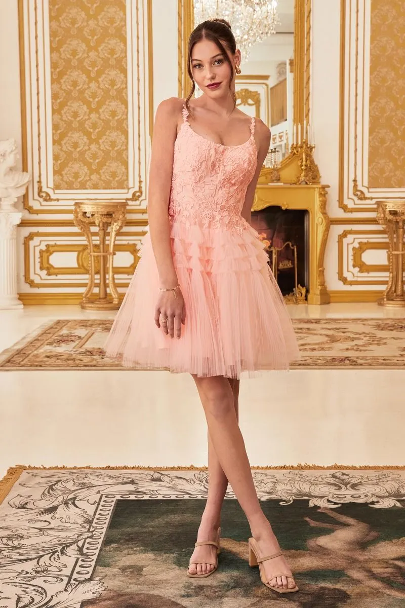 CD 9310 - Short A-Line Homecoming Dress with Lace Embellished Scoop Neck Bodice & Pleat Tiered Tulle Skirt