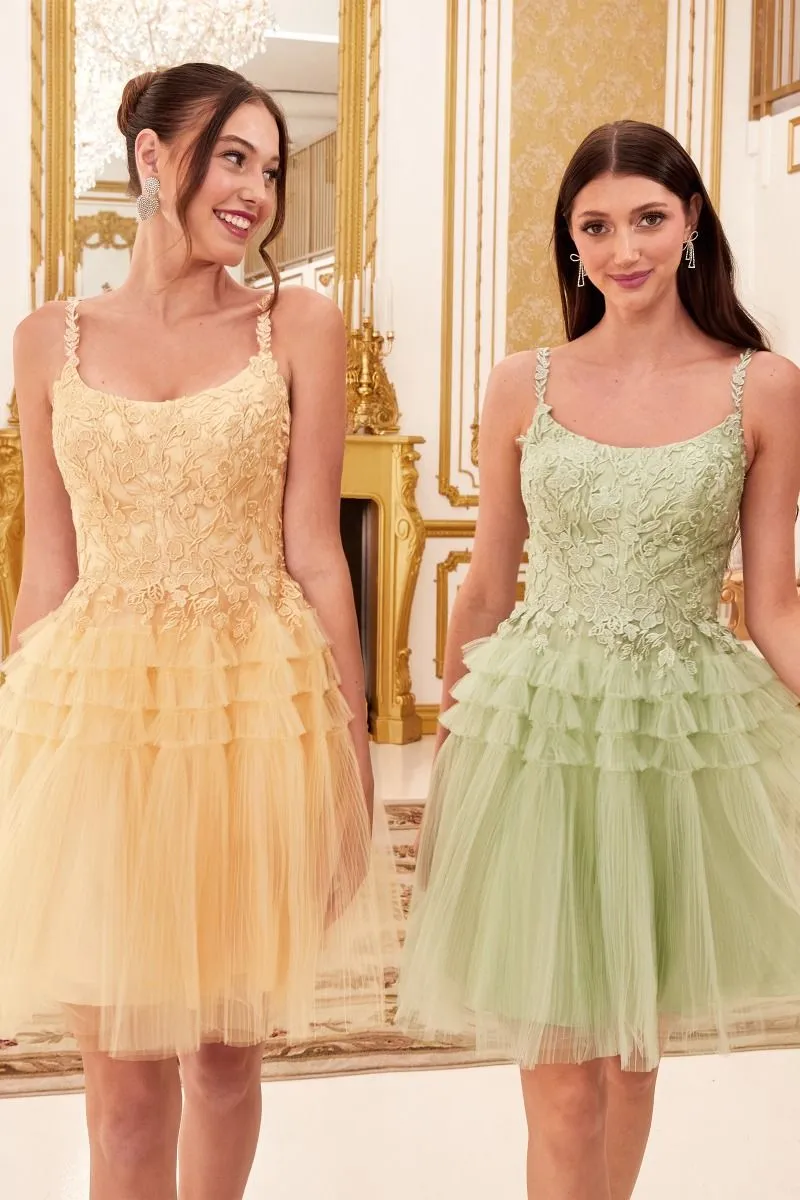 CD 9310 - Short A-Line Homecoming Dress with Lace Embellished Scoop Neck Bodice & Pleat Tiered Tulle Skirt