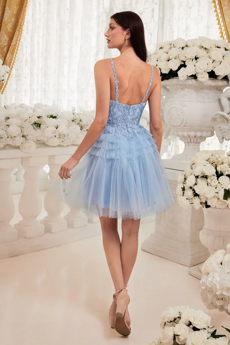 CD 9310 - Short A-Line Homecoming Dress with Lace Embellished Scoop Neck Bodice & Pleat Tiered Tulle Skirt