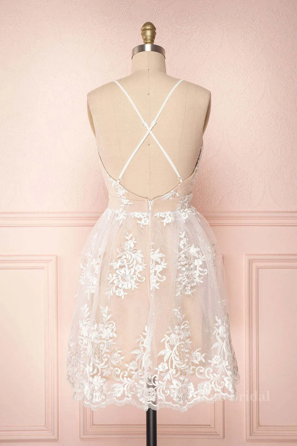 Champagne v neck tulle lace short prom dress champagne tulle bridesmaid dress