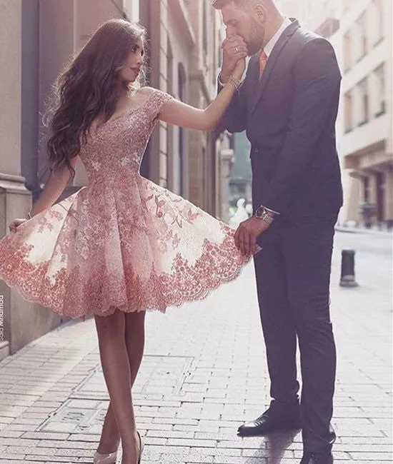 Charming A Line Off Shoulder Lace Short Pink Prom Dresses, Pink Homecoming Dresses
