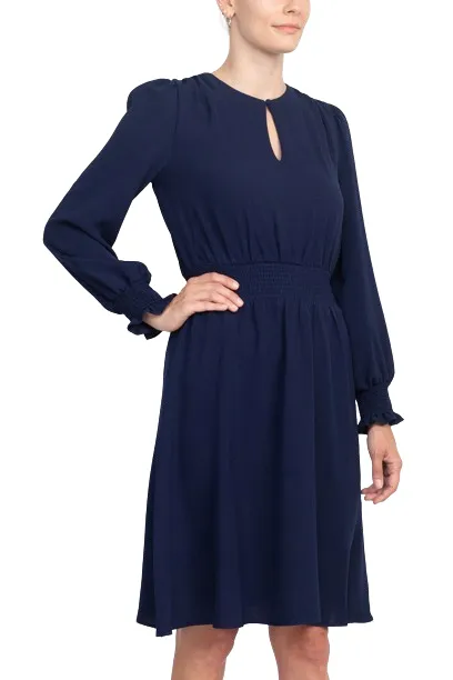 Crew Neck Keyhole Long Sleeve Elastic Waist Solid Ripple Crepe Dress