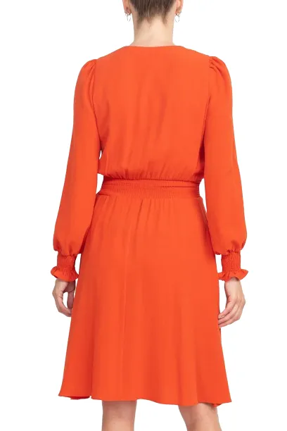 Crew Neck Keyhole Long Sleeve Elastic Waist Solid Ripple Crepe Dress