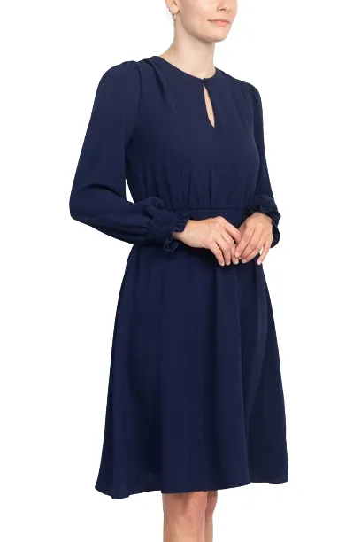 Crew Neck Keyhole Long Sleeve Elastic Waist Solid Ripple Crepe Dress