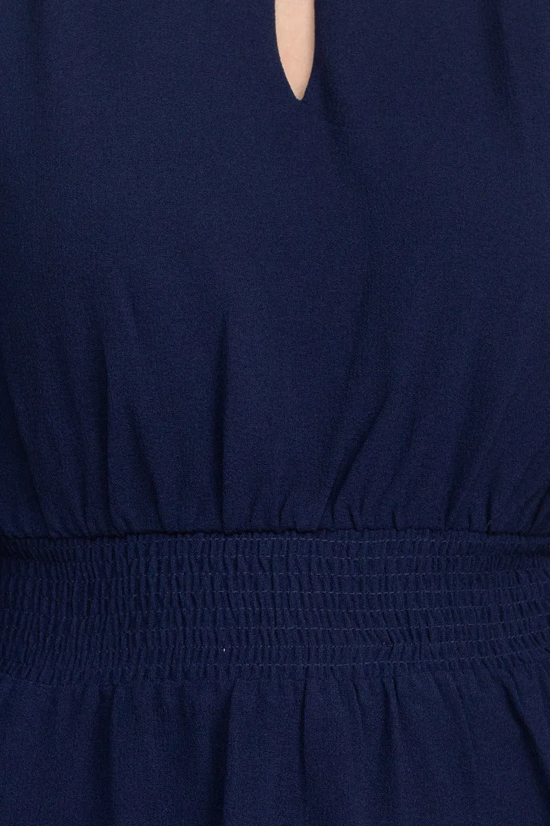 Crew Neck Keyhole Long Sleeve Elastic Waist Solid Ripple Crepe Dress