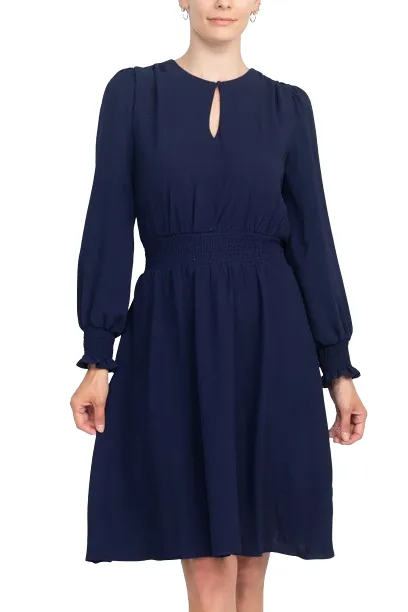 Crew Neck Keyhole Long Sleeve Elastic Waist Solid Ripple Crepe Dress