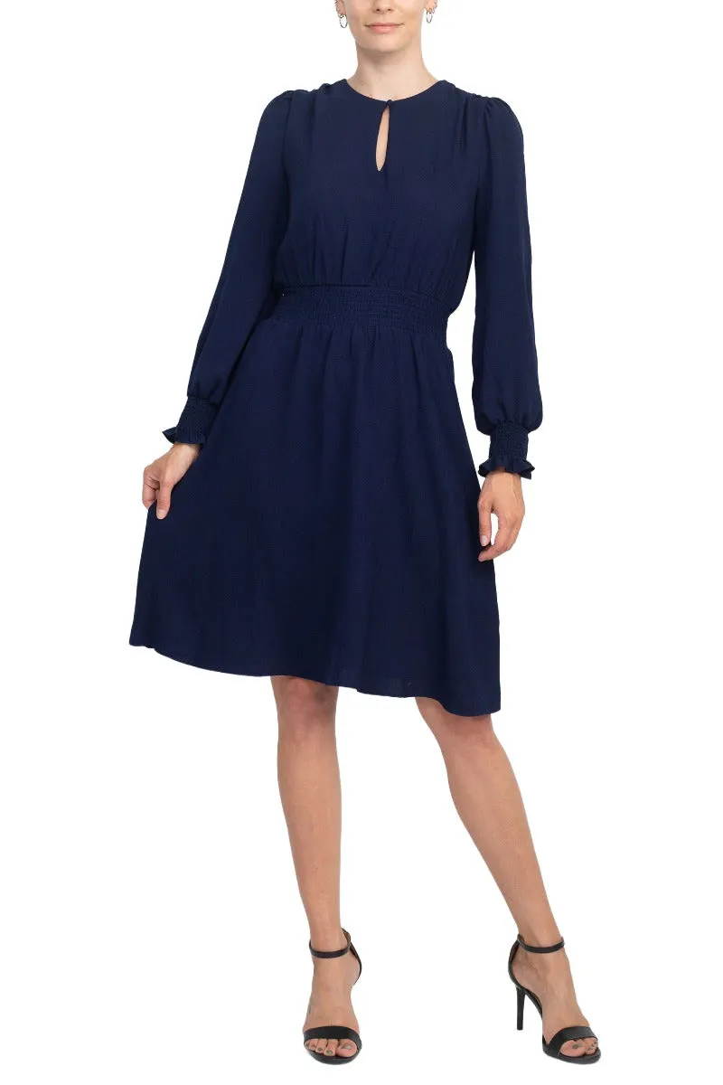 Crew Neck Keyhole Long Sleeve Elastic Waist Solid Ripple Crepe Dress