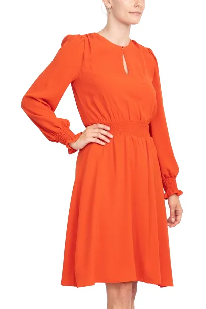 Crew Neck Keyhole Long Sleeve Elastic Waist Solid Ripple Crepe Dress