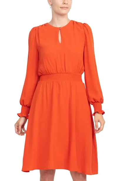 Crew Neck Keyhole Long Sleeve Elastic Waist Solid Ripple Crepe Dress