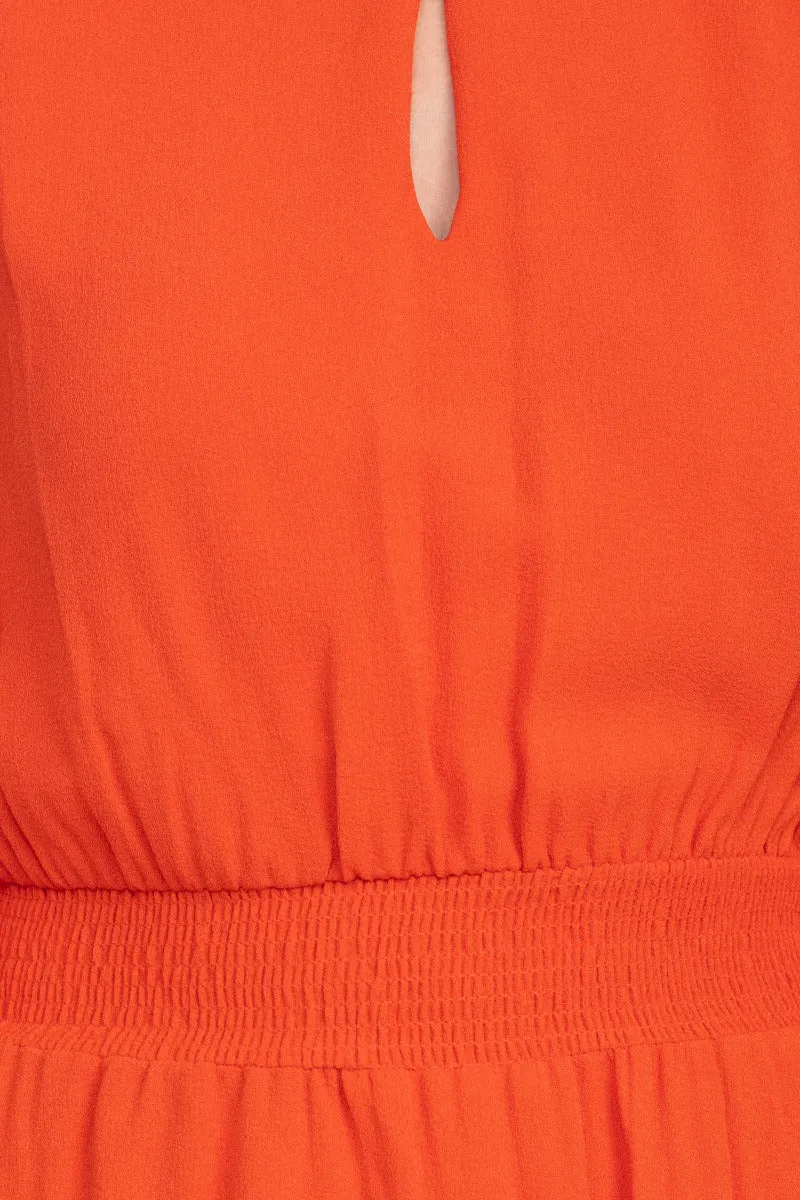 Crew Neck Keyhole Long Sleeve Elastic Waist Solid Ripple Crepe Dress