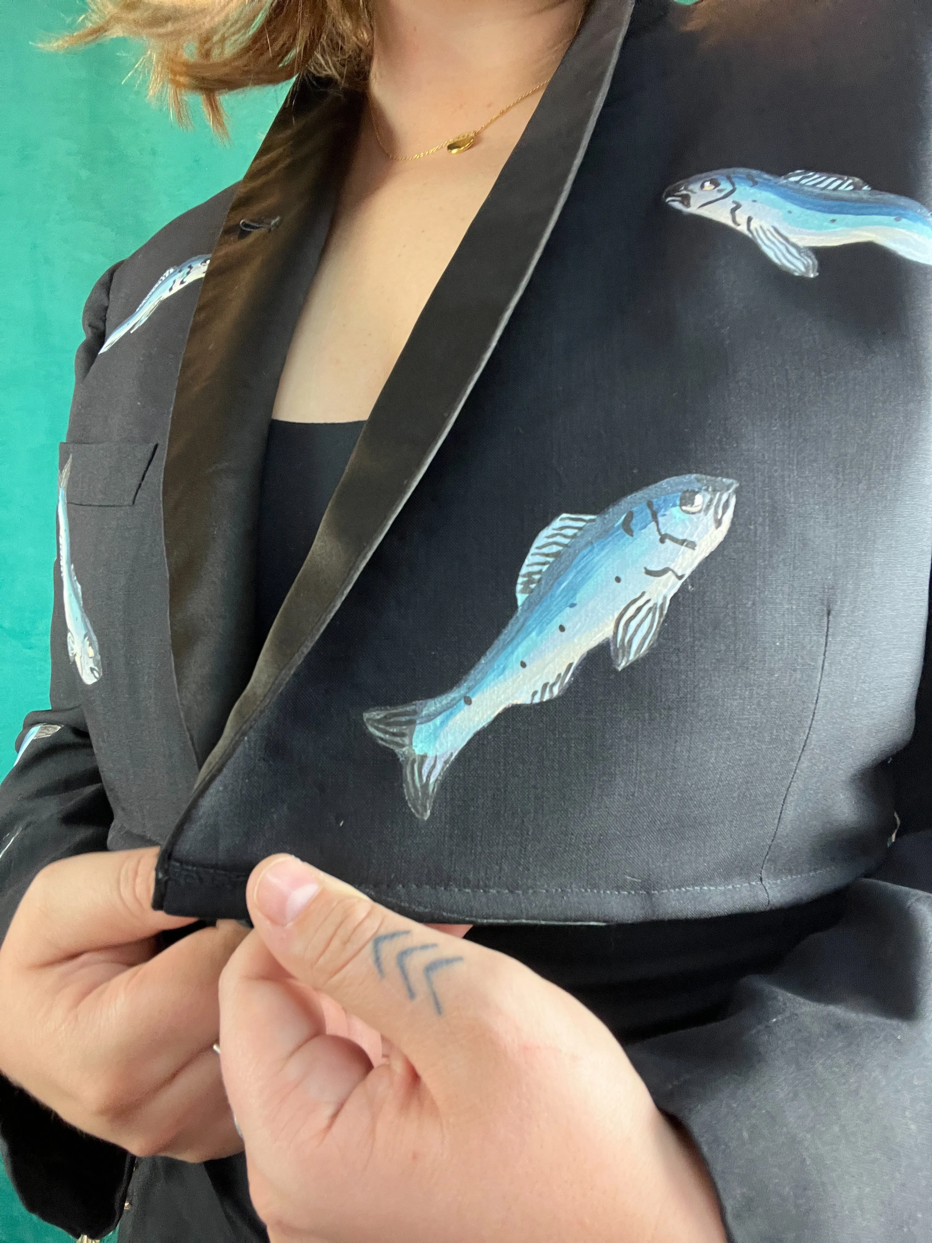 Cropped Black Blazer with Fish and Rhinestone Fringe