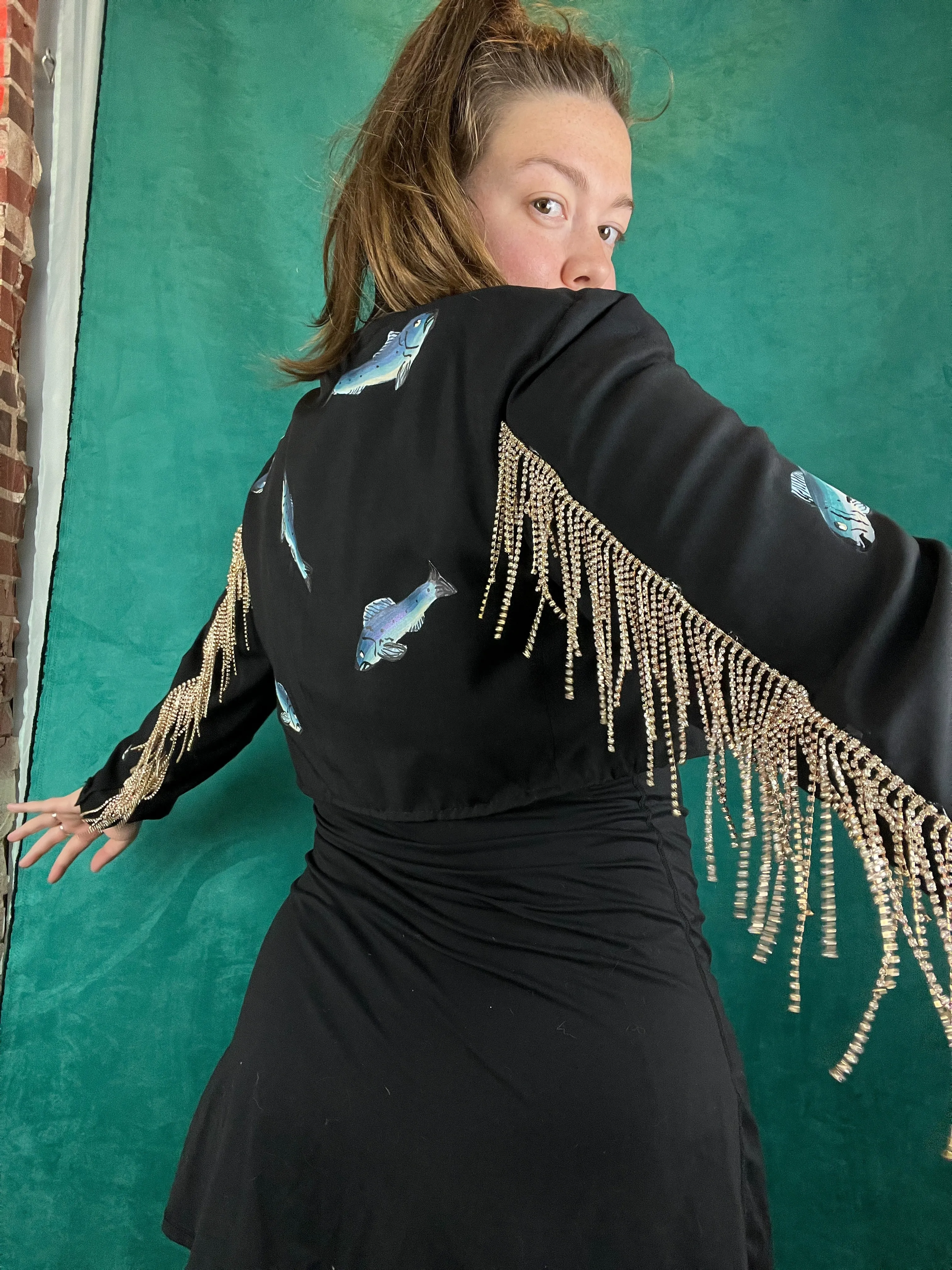 Cropped Black Blazer with Fish and Rhinestone Fringe