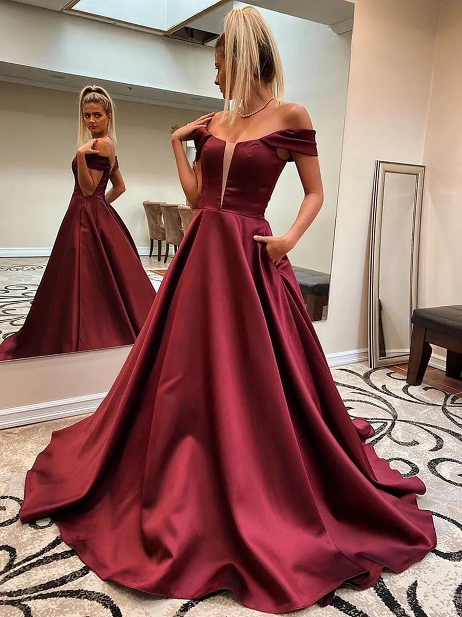 Custom Made Off Shoulder Burgundy Long Prom with Pocket, Off Shoulder Maroon Formal, Wine Red Evening