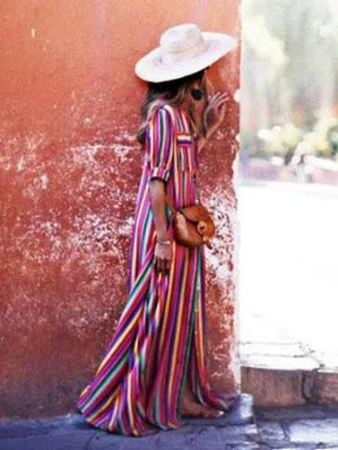 Cute Bohemia Striped Shirt Maxi Dress