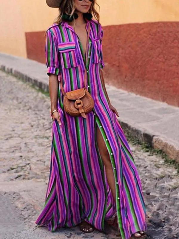 Cute Bohemia Striped Shirt Maxi Dress
