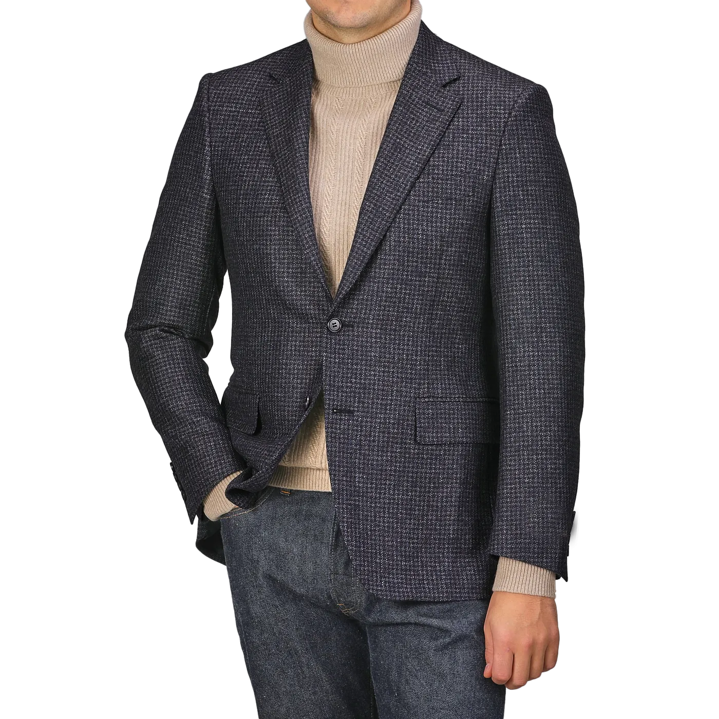 Dark Blue Checked Wool Drop 6 Blazer