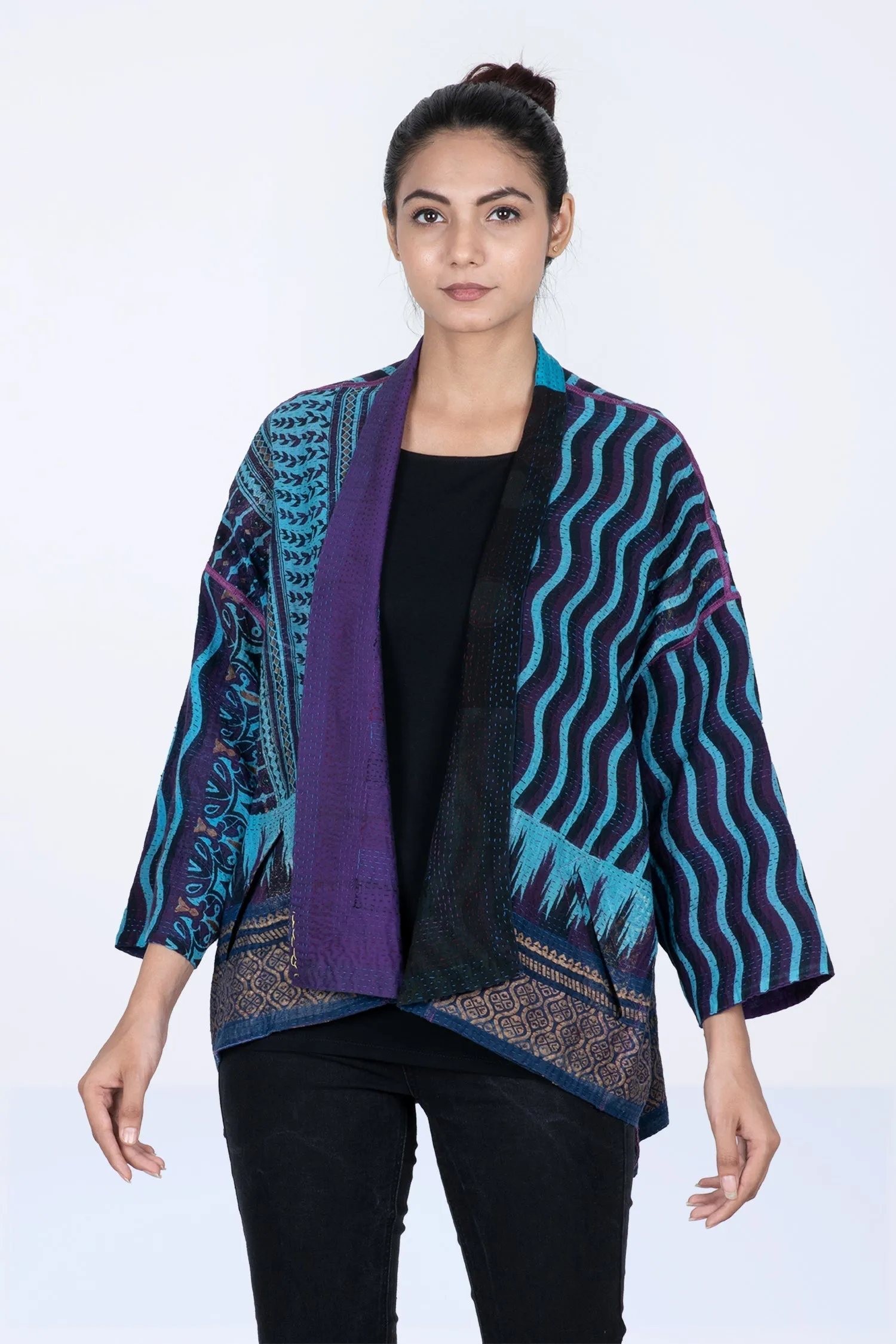DESERT WAVES KANTHA MINI KIMONO JKT - dw2055-blu -