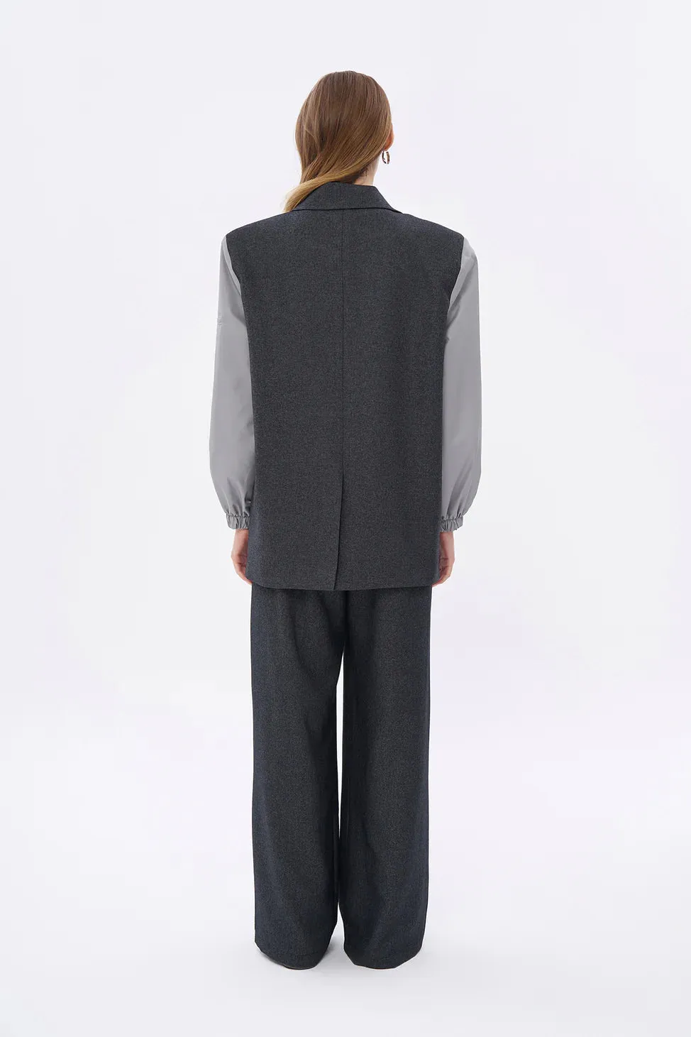 Double-breasted Blazer Jacket with Technical Fabric Sleeves Anthracite