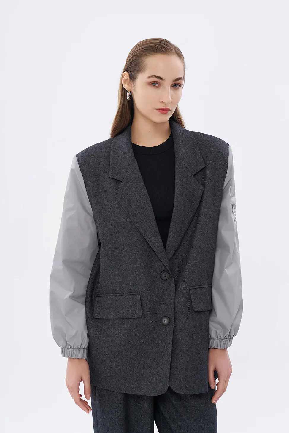 Double-breasted Blazer Jacket with Technical Fabric Sleeves Anthracite