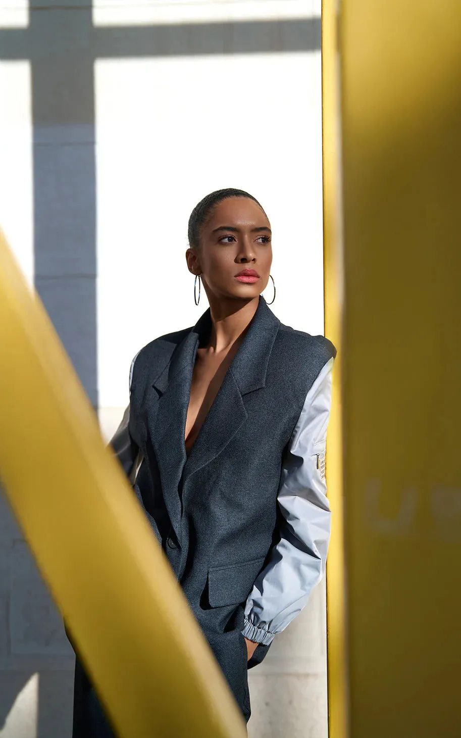 Double-breasted Blazer Jacket with Technical Fabric Sleeves Anthracite