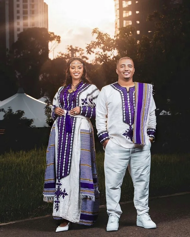 Elegant Purple Cultural Ethiopian Couples Outfit Habesha Couple's Outfit Purple Cultural Habesha Dress