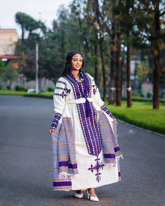 Elegant Purple Cultural Ethiopian Couples Outfit Habesha Couple's Outfit Purple Cultural Habesha Dress