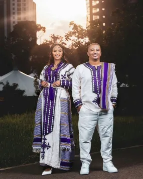 Elegant Purple Cultural Ethiopian Couples Outfit Habesha Couple's Outfit Purple Cultural Habesha Dress