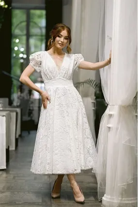 Empire Waist Lace Dress Bridal With Tea Length