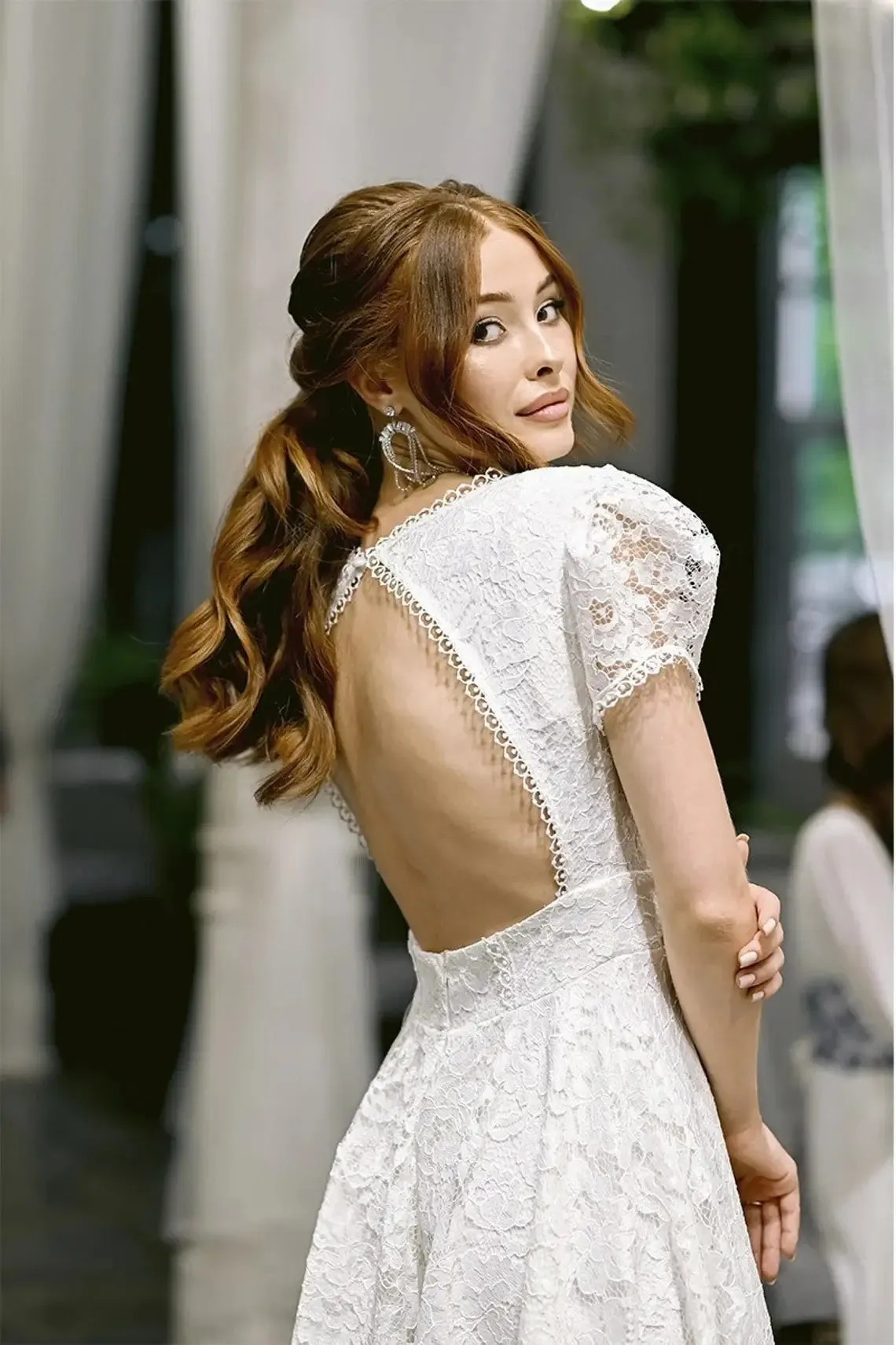 Empire Waist Lace Dress Bridal With Tea Length
