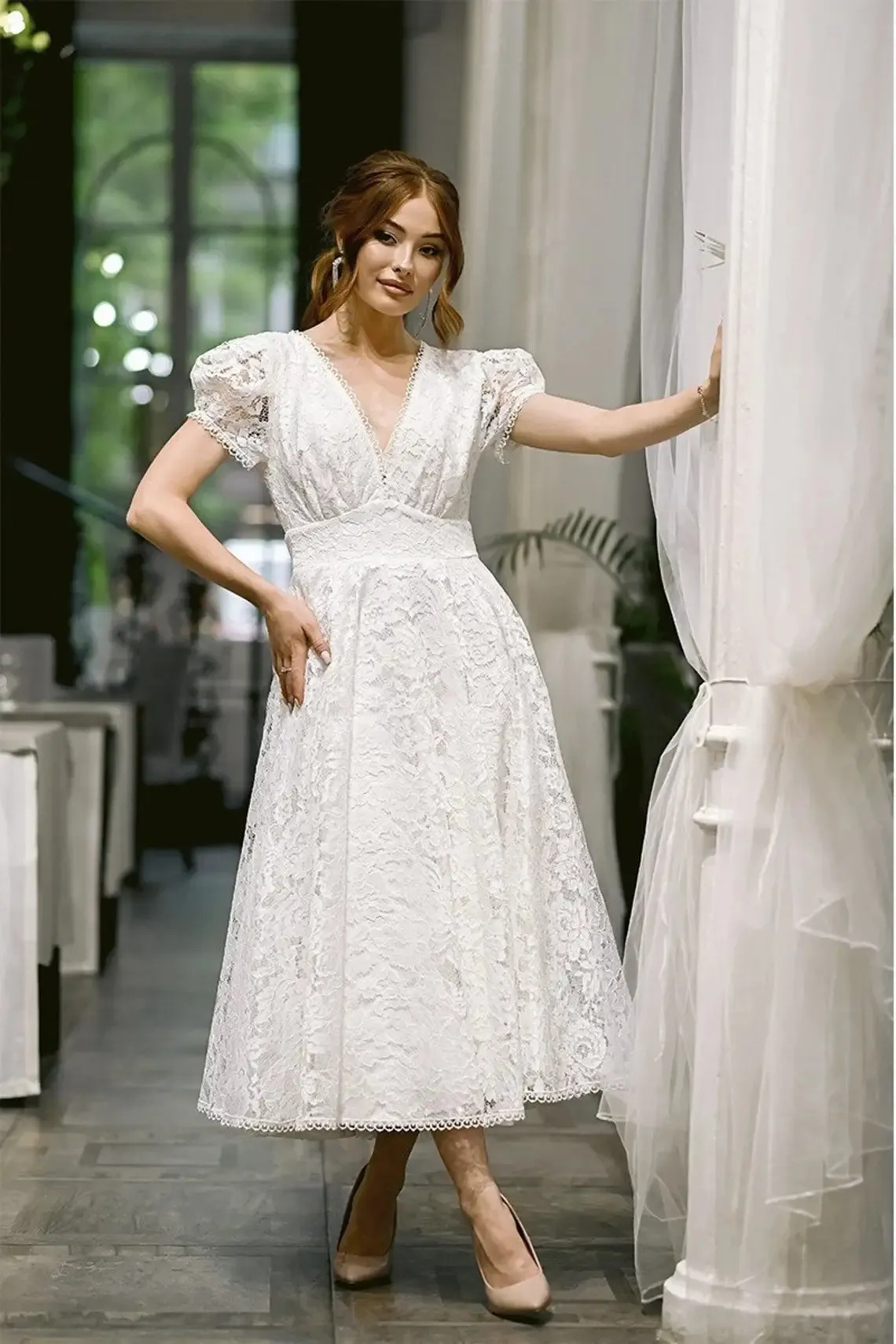 Empire Waist Lace Dress Bridal With Tea Length