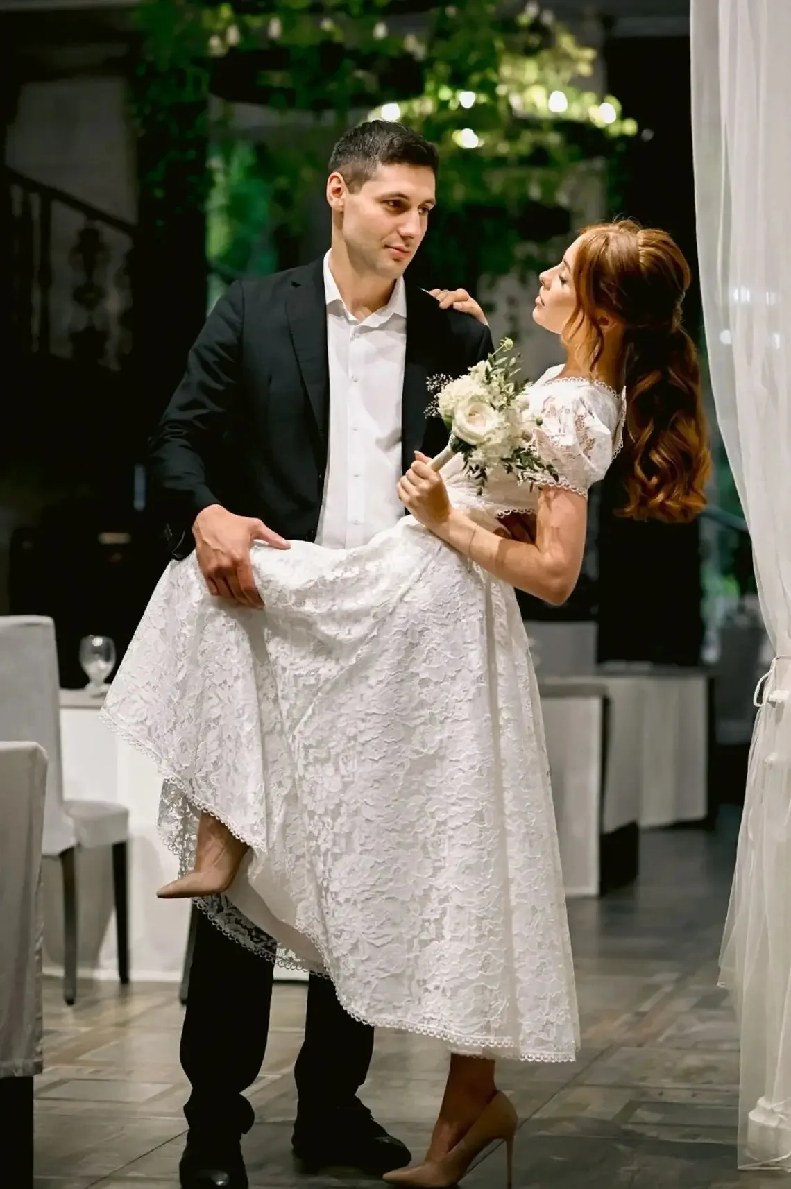 Empire Waist Lace Dress Bridal With Tea Length