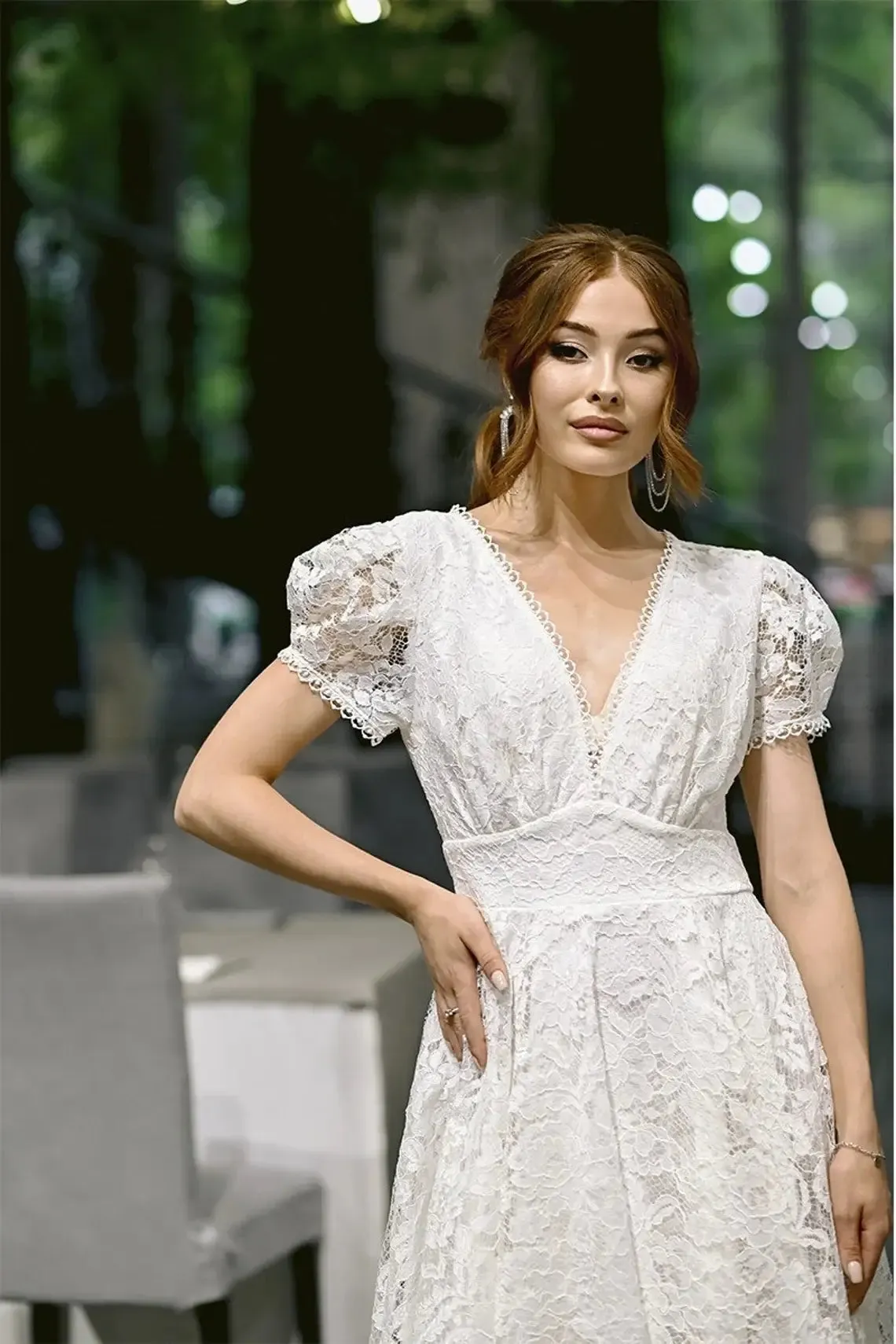 Empire Waist Lace Dress Bridal With Tea Length
