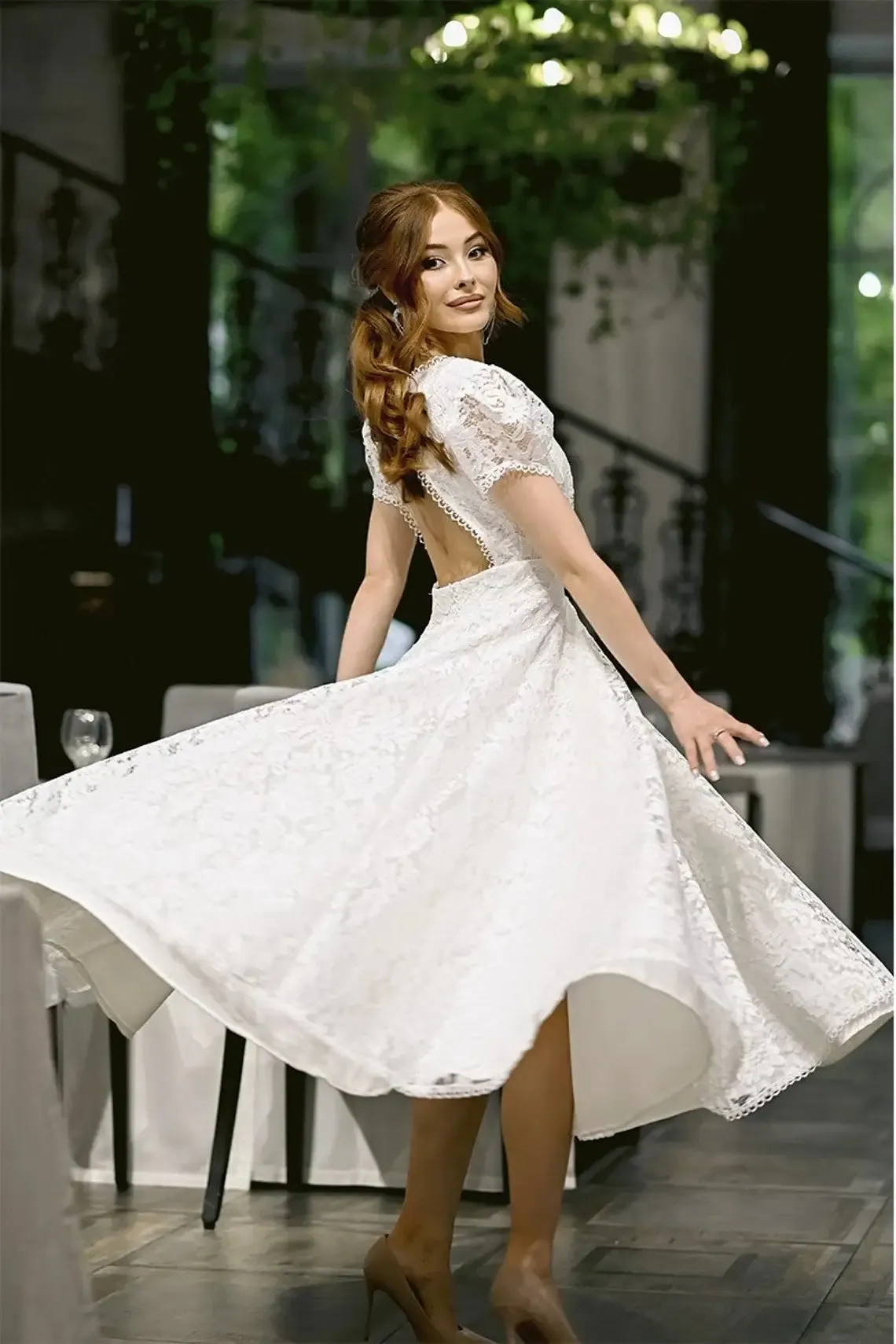 Empire Waist Lace Dress Bridal With Tea Length