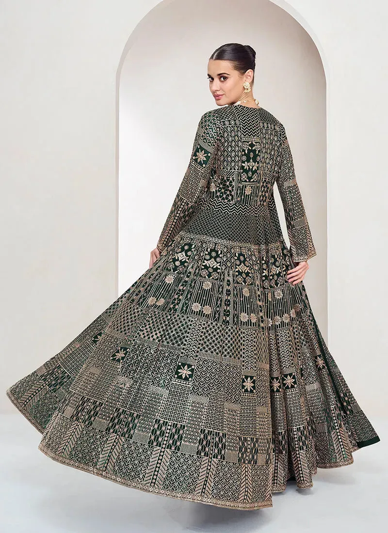 Fantastic Dark Green Embroidered Jacket Style Palazzo Suit