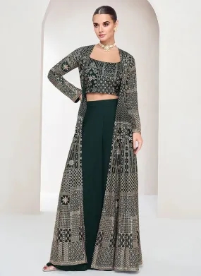 Fantastic Dark Green Embroidered Jacket Style Palazzo Suit