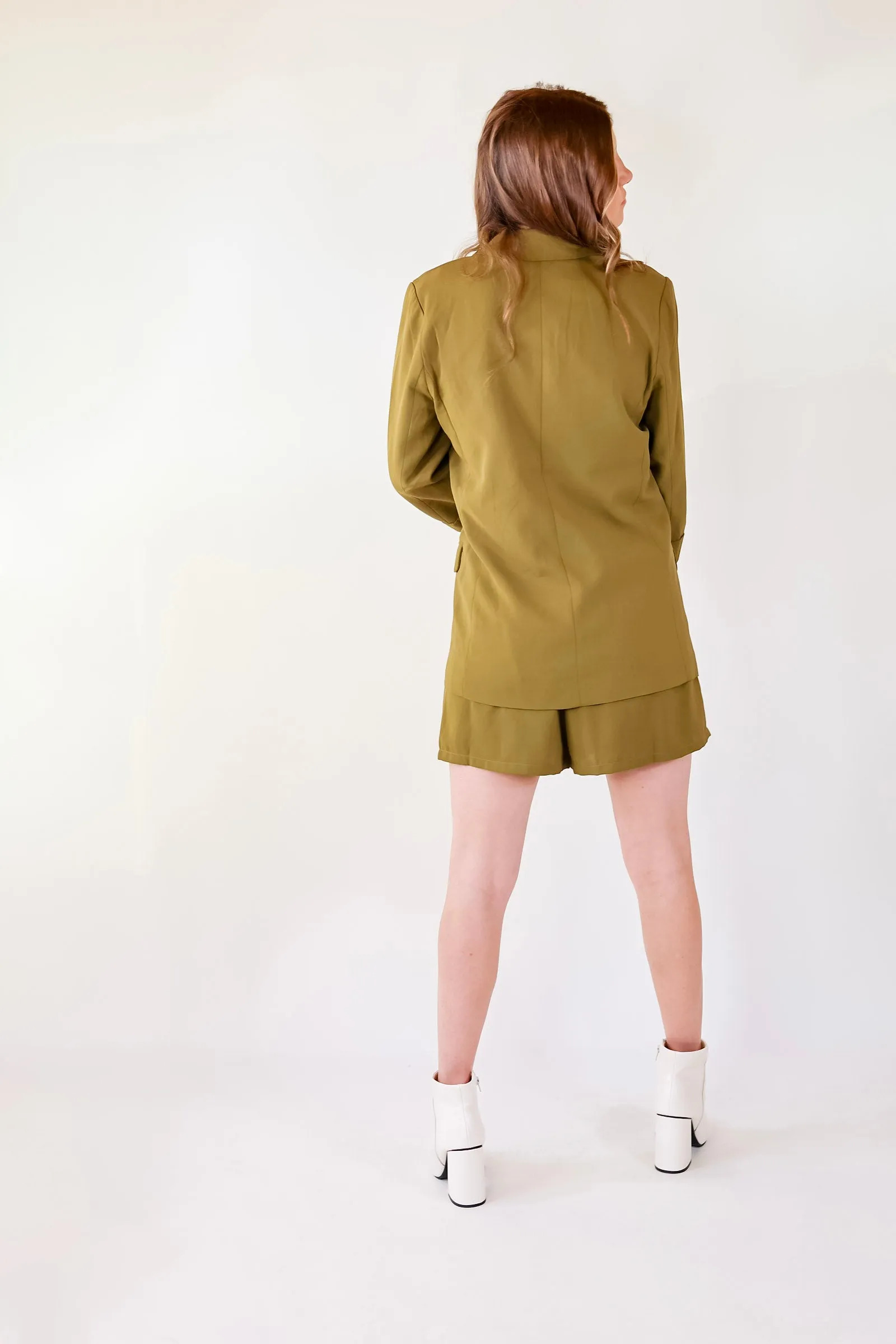 Fine Like Wine Belted Solid Shorts in Olive Green