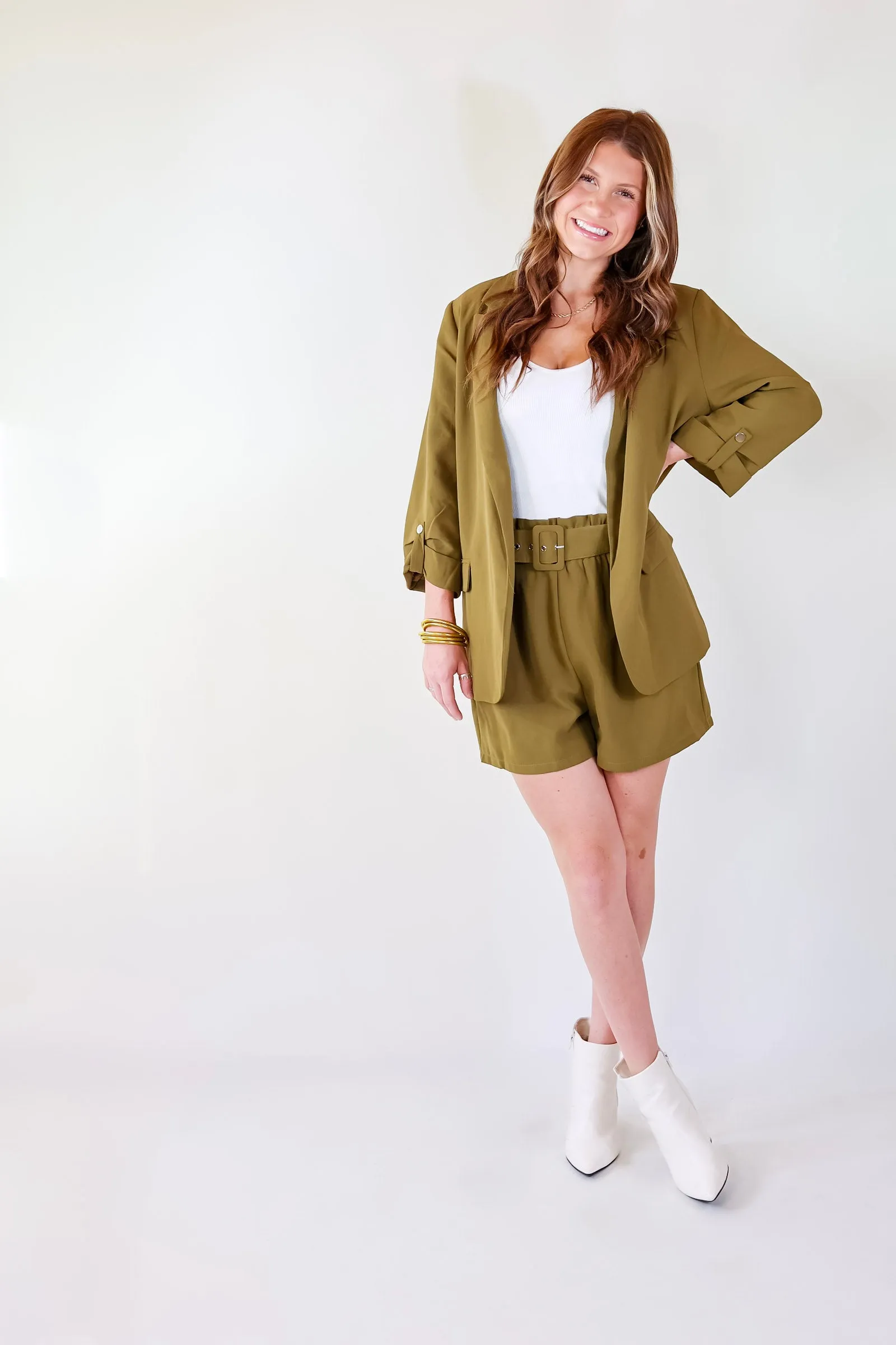 Fine Like Wine Belted Solid Shorts in Olive Green