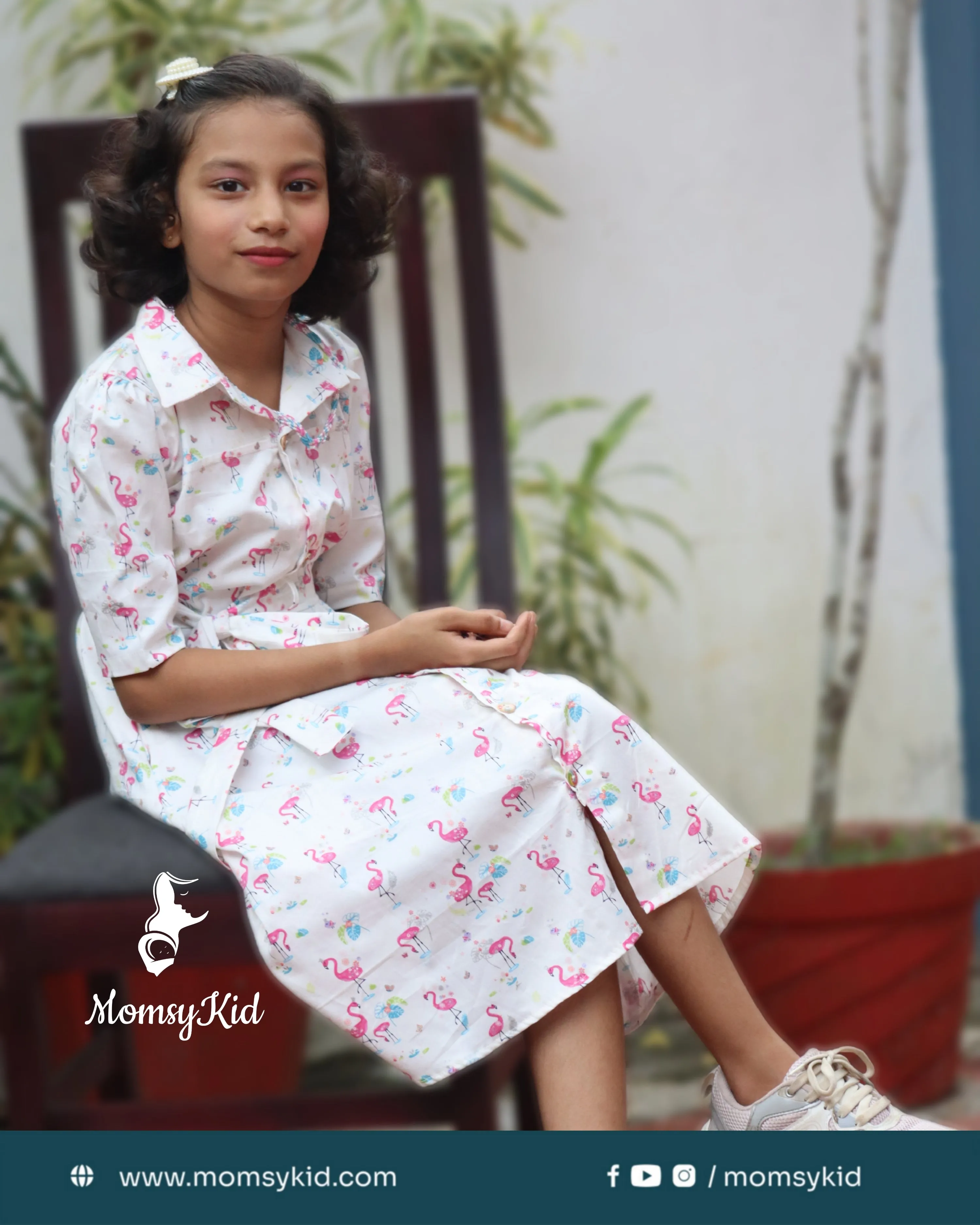 Flamingo Fiesta - Premium cotton shirt type dress for girls