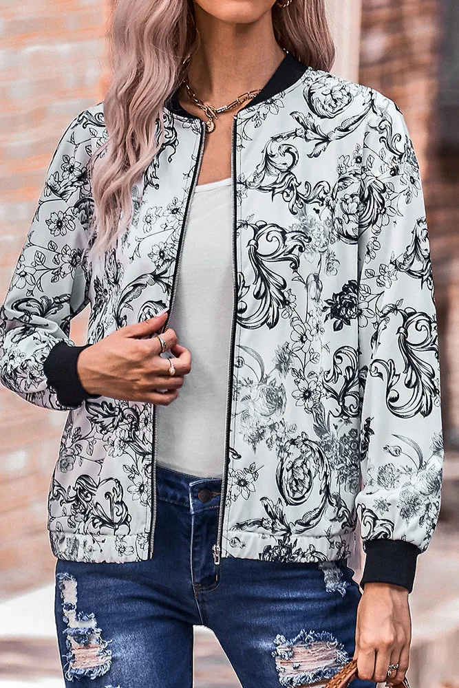 Floral Print Zipper Jacket Coat