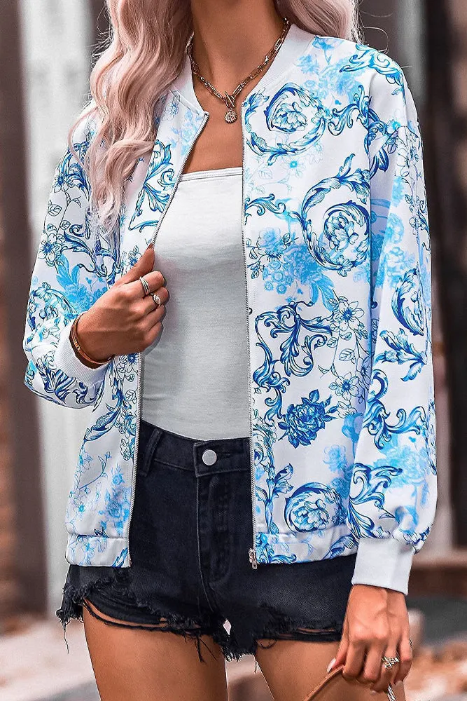 Floral Print Zipper Jacket Coat