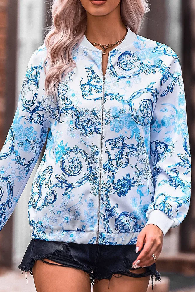 Floral Print Zipper Jacket Coat