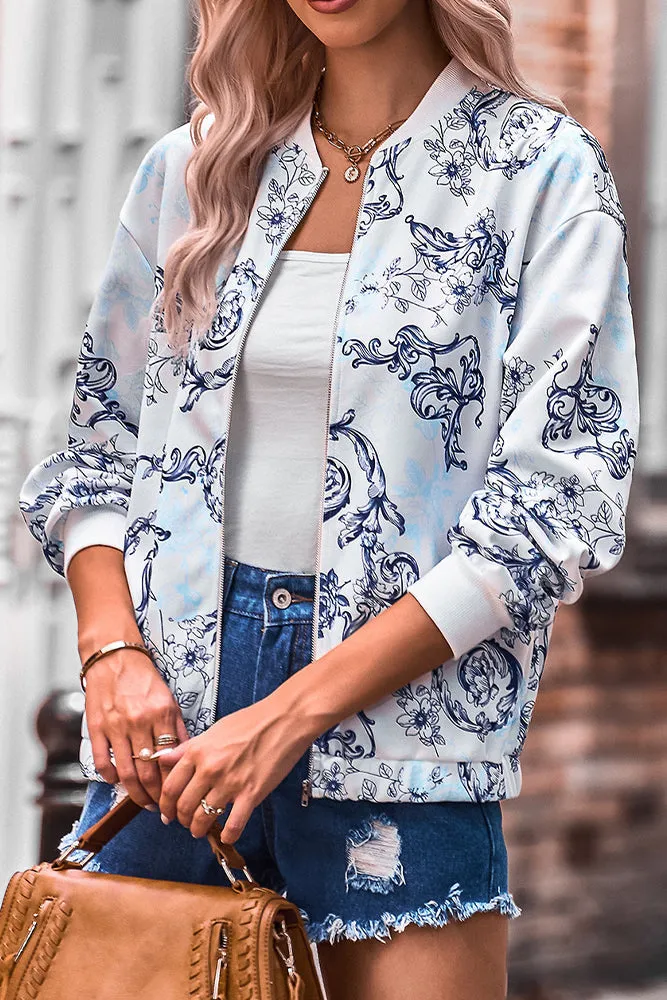 Floral Print Zipper Jacket Coat