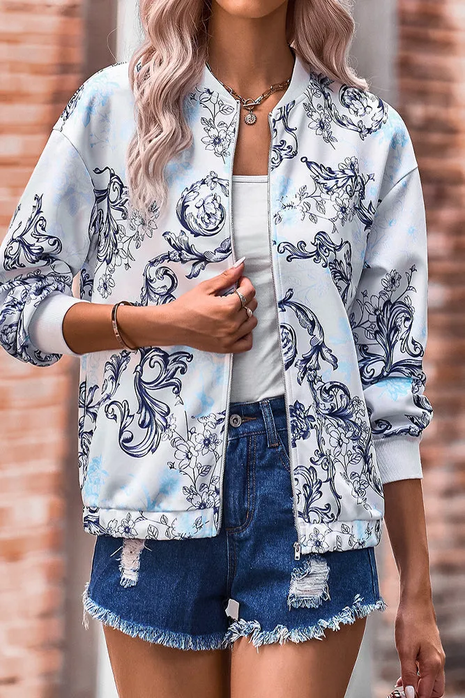 Floral Print Zipper Jacket Coat