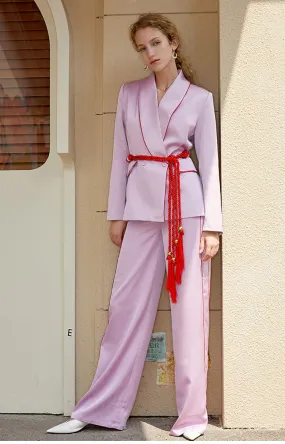 GF Double-breasted Satin Blazer   Pants Matching Set in Pink