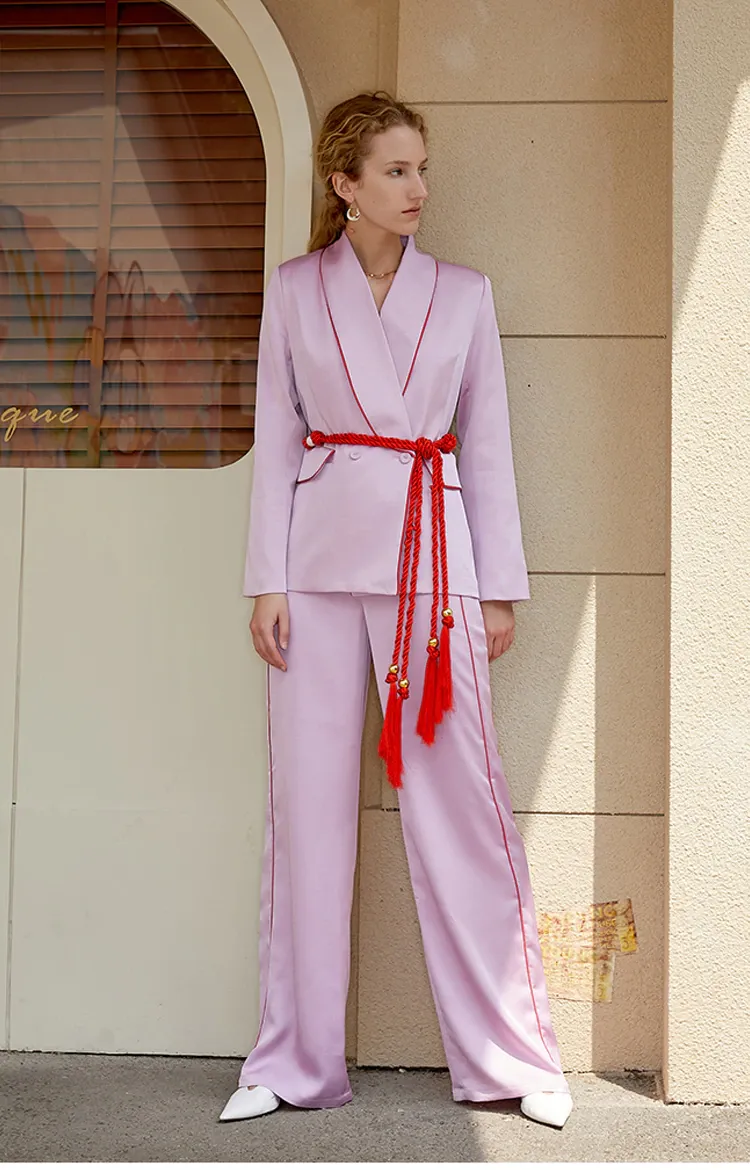 GF Double-breasted Satin Blazer   Pants Matching Set in Pink