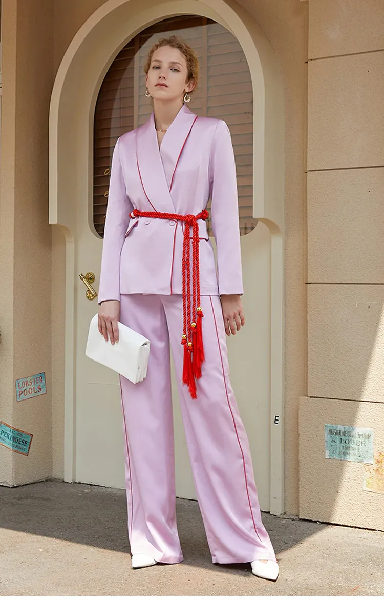 GF Double-breasted Satin Blazer   Pants Matching Set in Pink
