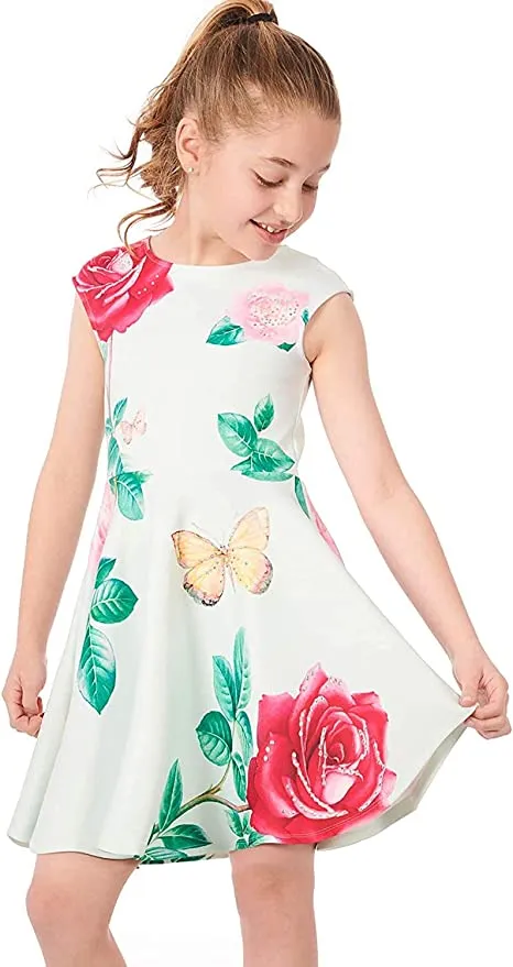 Girls Butterfly Rose Floral Skater Dress