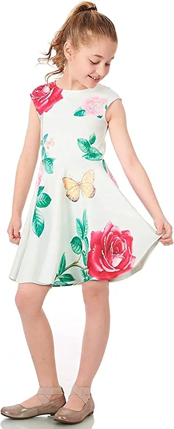 Girls Butterfly Rose Floral Skater Dress