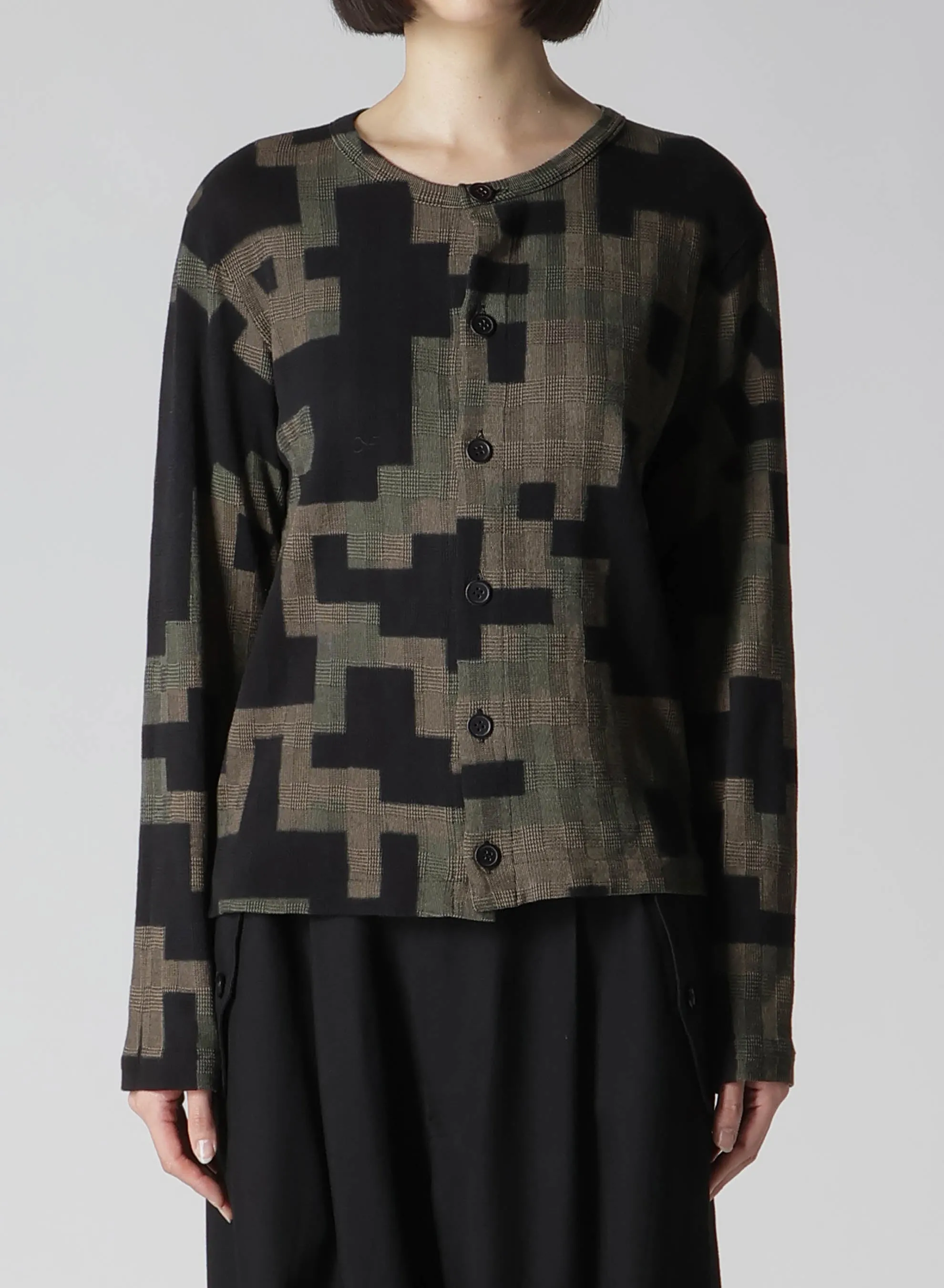 GLENCHECK BLOCK DYED CREW NECK LONG SLEEVE CARDIGAN