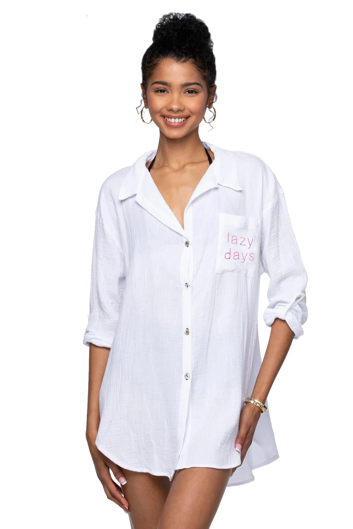 Good Vibes Cotton Gauze Shirt Mini Dress _ Lazy Days Embroidery